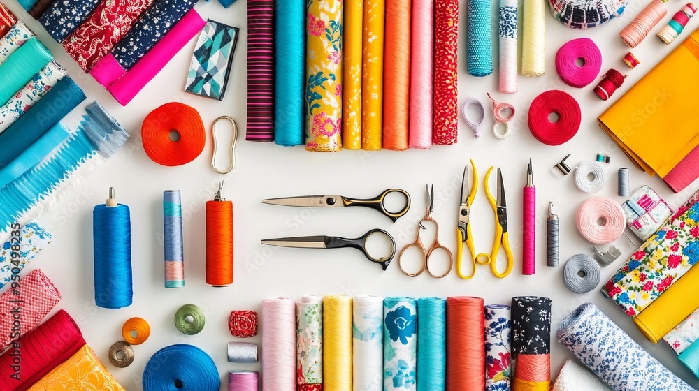 A vibrant array of fabrics, scissors, and sewing tools adorn a white table, inviting exploration into the realm of sewing, needlework, clothing repair, scrapbooking, and quilting. A vibrant array of fabrics, scissors, and sewing tools adorn a white table, inviting exploration into the realm of sewing, needlework, clothing repair, scrapbooking, and quilting.