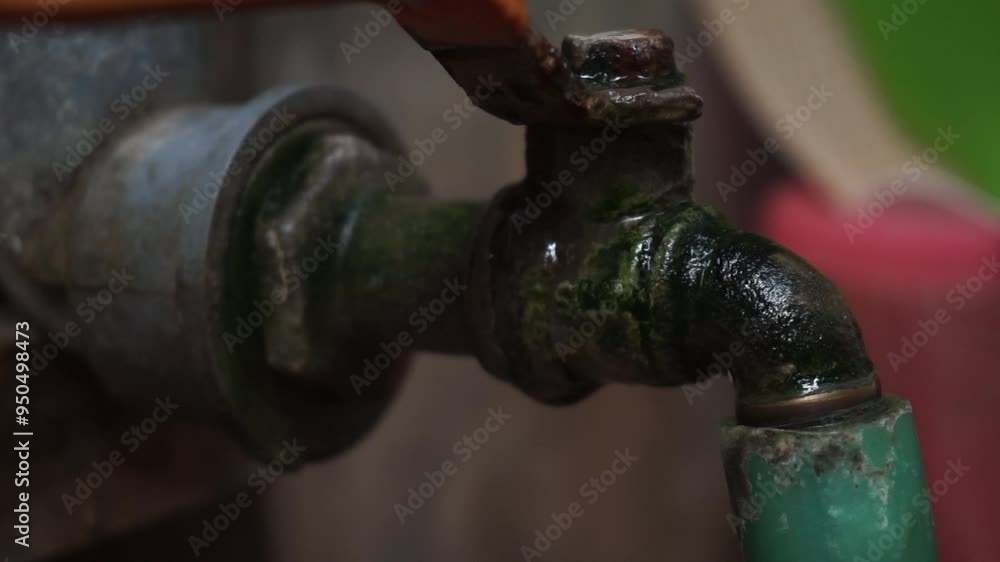 Close-up of a rusty, green-covered water tap with a green hose attached. Close-up of a rusty, green-covered water tap with a green hose attached.