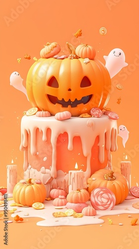 Halloween Poster with Large Pumpkin on Pastel Background. AI generated illustration photo