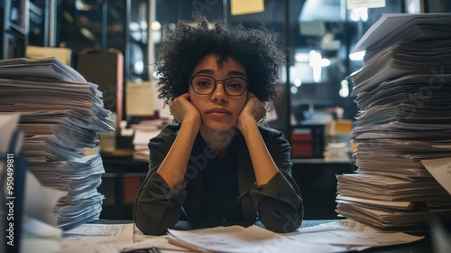 A young office worker sitting at their desk, surrounded by stacks of contracts and legal documents photo