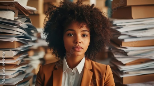 A young businesswoman in a modern office, surrounded by a towering stack of paperwork, looking determined photo