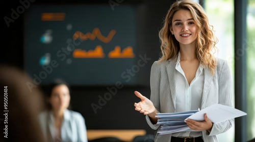 A young businesswoman, holding a stack of reports while giving a presentation in a meeting room photo