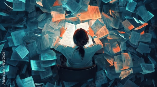 A young office worker, buried in a sea of paperwork, trying to find a specific document