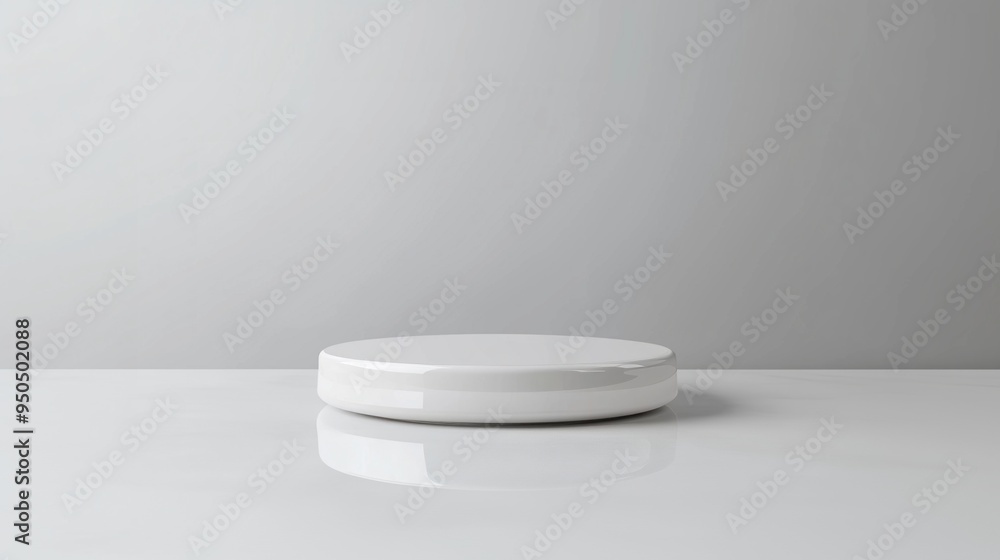 Glossy ceramic 3D podium, placed centrally in the image, isolated on a light grey background, offering a clean and refined look Glossy ceramic 3D podium, placed centrally in the image, isolated on a light grey background, offering a clean and refined look