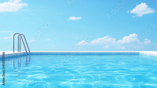 Clear blue pool under bright sky with fluffy clouds