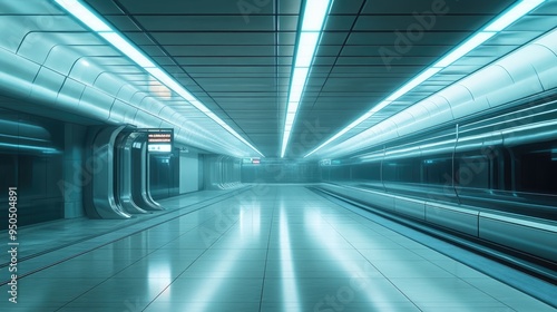 A glowing futuristic subway station with reflective surfaces,