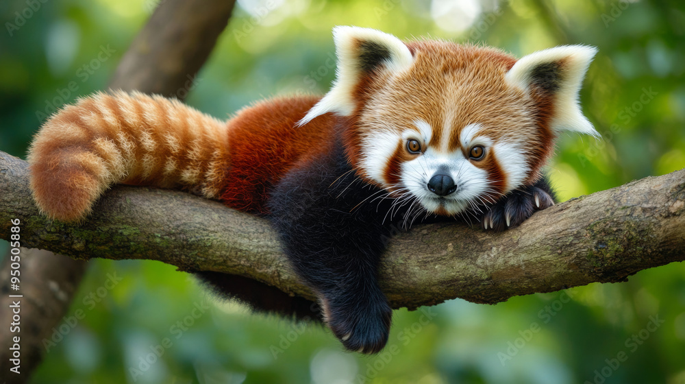 Fototapeta premium A close-up of a red panda cub clinging to a tree branch