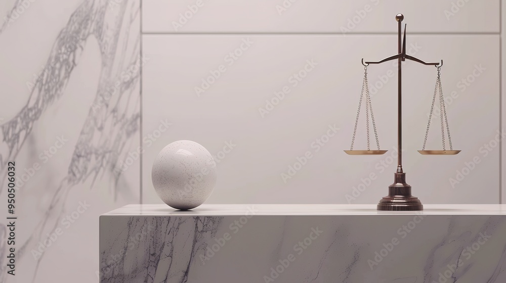 A balance and a marble sphere are placed at both ends of the marble table A balance and a marble sphere are placed at both ends of the marble table