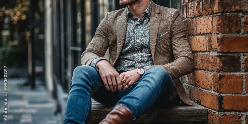 Man wearing brown blazer, floral shirt, jeans, and boots. Man wearing brown blazer, floral shirt, jeans, and boots.