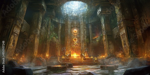 Fototapeta Naklejka Na Ścianę i Meble -  Ancient temple with glowing stone and stairs.