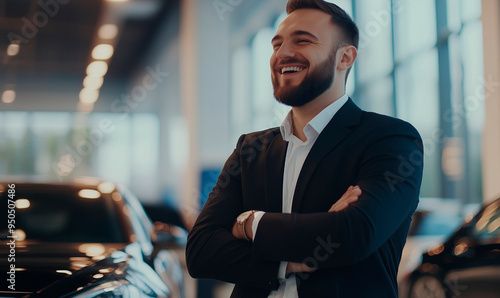 Smiling Automotive Expert with Crossed Arms at Dealership