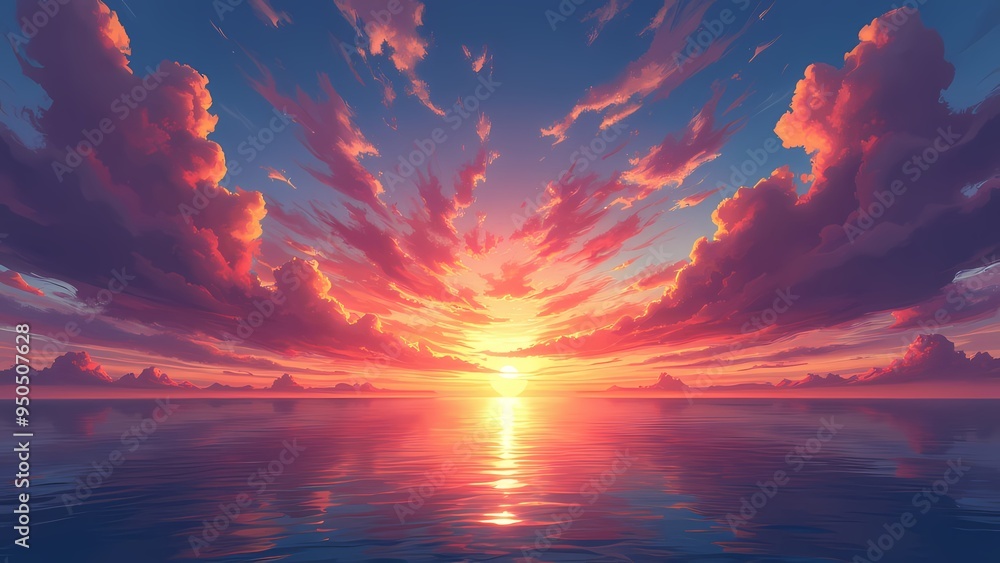 Dramatic Sunset over Calm Ocean with Vibrant Sky Reflections in Anime Style Dramatic Sunset over Calm Ocean with Vibrant Sky Reflections in Anime Style