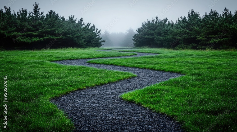 Winding paths through misty pine trees create a tranquil atmosphere in an enchanting green forest landscape Winding paths through misty pine trees create a tranquil atmosphere in an enchanting green forest landscape
