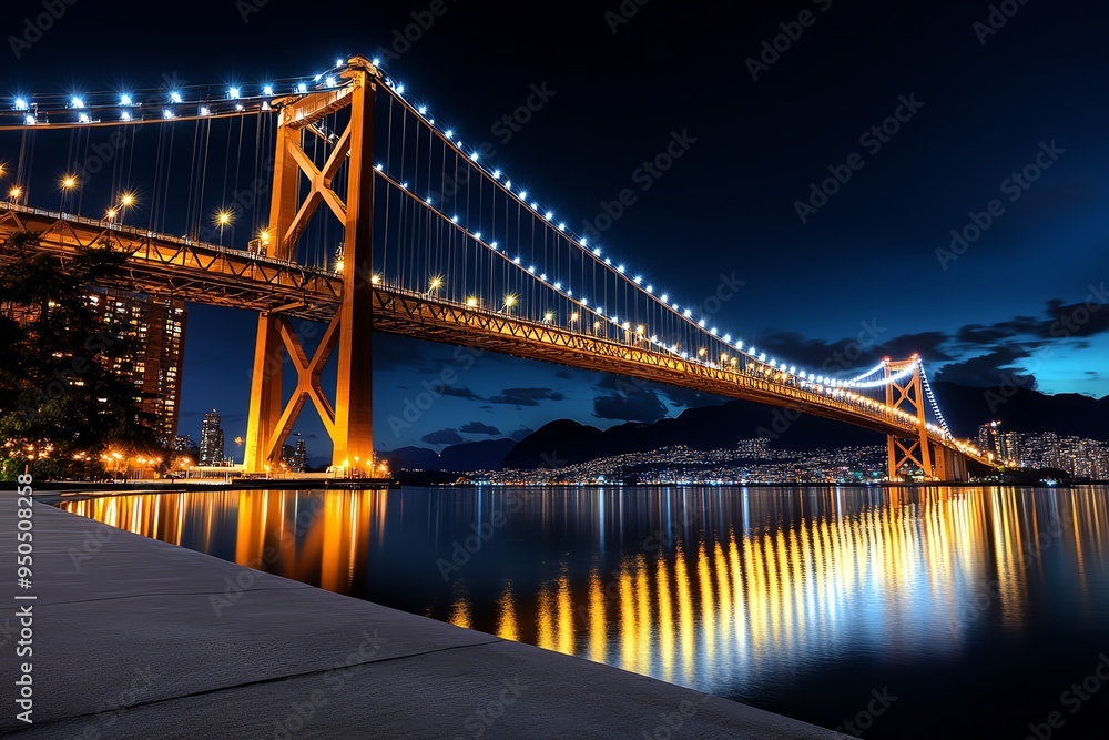 Bridge Suspension, Steel, and Nighttime depicted in a nighttime scene where a suspension bridge is beautifully lit, its lights reflecting on the water below, creating a captivating urban view Bridge Suspension, Steel, and Nighttime depicted in a nighttime scene where a suspension bridge is beautifully lit, its lights reflecting on the water below, creating a captivating urban view