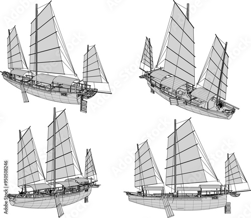 Vector sketch illustration of sailboat design wooden ship rowing classic vintage ethnic traditional