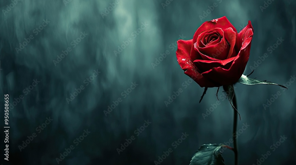 A single blood-red rose stands out against a dark, moody background, A single blood-red rose stands out against a dark, moody background,