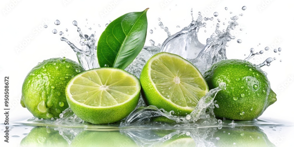 Fresh limes splashing with leaves, cut out, fresh, limes, leaves, green, citrus, fruit, vibrant, colorful, organic, healthy Fresh limes splashing with leaves, cut out, fresh, limes, leaves, green, citrus, fruit, vibrant, colorful, organic, healthy