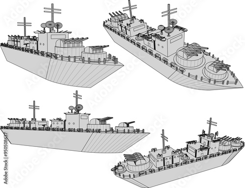 Vector sketch illustration of the design of a battleship war vehicle with complete cannon weapons on the high seas