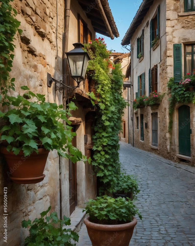 Fototapeta premium Narrow Cobblestone Alleyway with Ivy-Covered Stone Walls and Vintage Lanterns in a Quaint Village