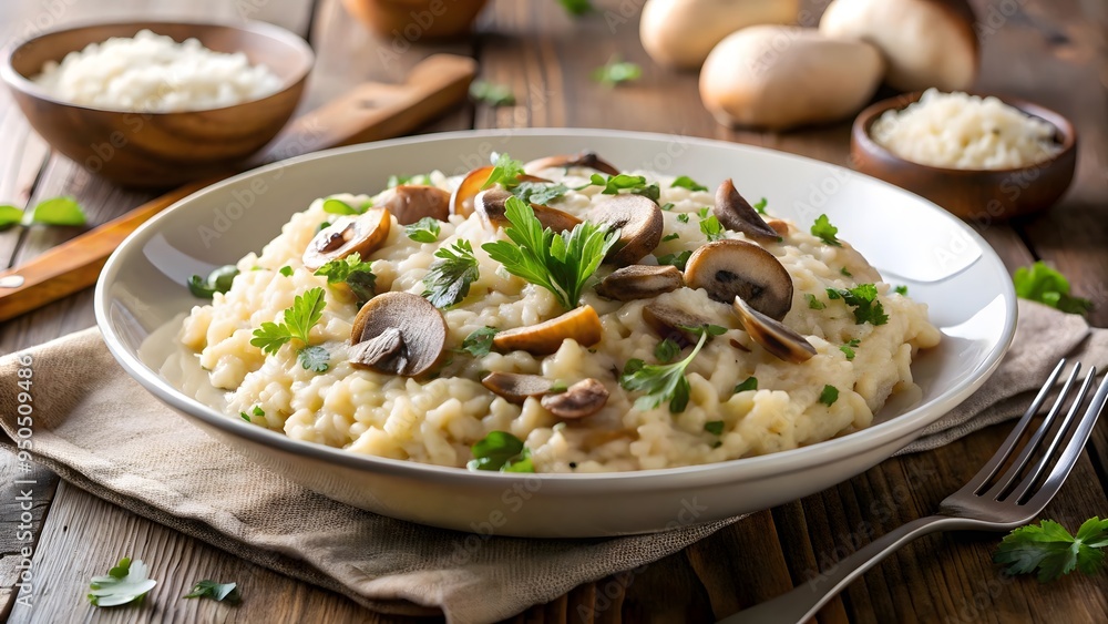 A creamy risotto with wild mushrooms and a sprinkle of Parmesan cheese A creamy risotto with wild mushrooms and a sprinkle of Parmesan cheese