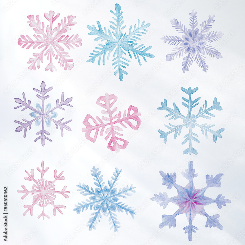 Several watercolor snowflakes of different shades on a white background Several watercolor snowflakes of different shades on a white background