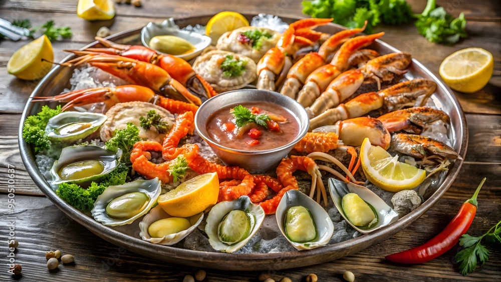 A fresh seafood platter with oysters, crab legs, and cocktail shrimp A fresh seafood platter with oysters, crab legs, and cocktail shrimp