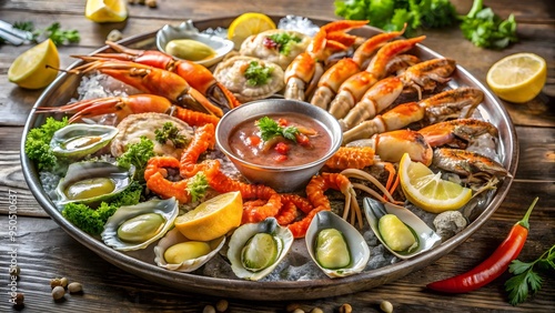 A fresh seafood platter with oysters, crab legs, and cocktail shrimp