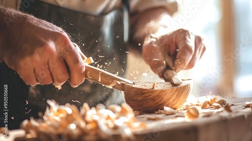 A close-up of a craftsman skillfully whittling a piece of wood into a beautiful shape, with shavings scattered around, against a light solid color background photo