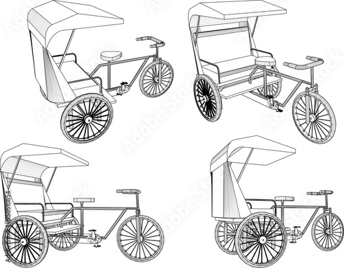 Vector sketch illustration of the design of a traditional ethnic transportation vehicle, a pedal rickshaw for carrying passengers