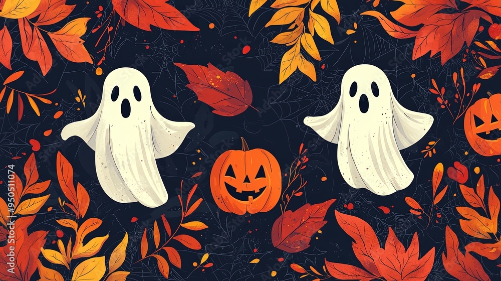 This image features two spooky ghost characters floating amidst autumn leaves and jack-o'-lanterns, creating a classic Halloween scene on a dark background filled with fall foliage. This image features two spooky ghost characters floating amidst autumn leaves and jack-o'-lanterns, creating a classic Halloween scene on a dark background filled with fall foliage.