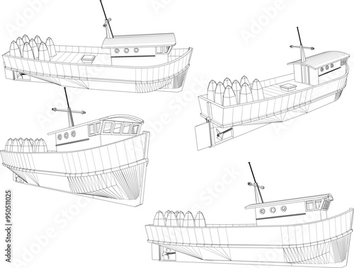 Vector sketch illustration of the design of a wooden fishing boat looking for fish 