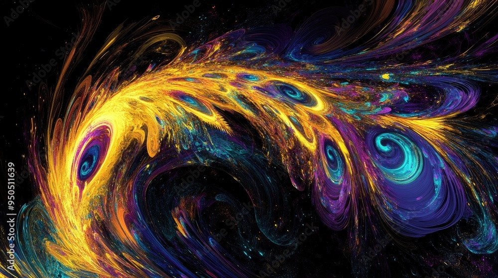 Abstract digital fractal art featuring a glowing swirl of peacock feathers in vivid yellow, purple, and blue, Abstract digital fractal art featuring a glowing swirl of peacock feathers in vivid yellow, purple, and blue,