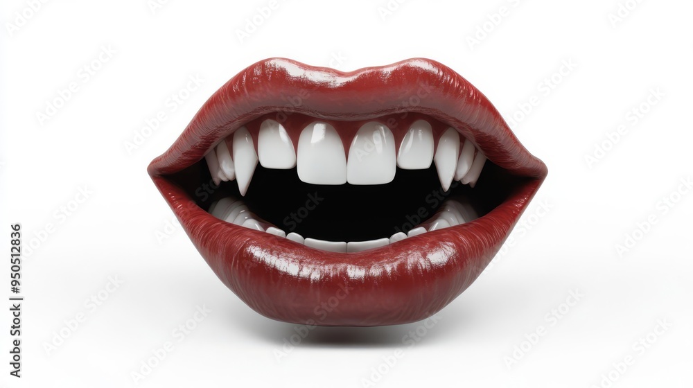 Red vampire lips with sharp fangs, isolated on a white background. A spooky and seductive image perfect for Halloween and horror themes. Red vampire lips with sharp fangs, isolated on a white background. A spooky and seductive image perfect for Halloween and horror themes.