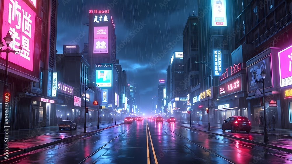 Fototapeta premium Neon-Lit Cyberpunk Cityscape at Night with Rain-Soaked Streets and Vibrant Reflections