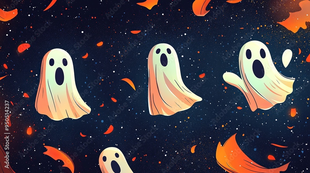 This image features four cartoon ghosts floating in a dark, starry sky with orange abstract shapes around, creating a spooky and playful atmosphere. This image features four cartoon ghosts floating in a dark, starry sky with orange abstract shapes around, creating a spooky and playful atmosphere.