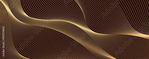 Luxury Horizontal abstract gold wavy background design. Modern guilloche curves line pattern in premium colors. Monochrome golden stripe texture for banner, business card, backdrop, vector template
