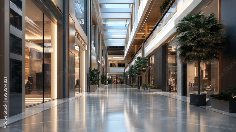 Modern Shopping Mall Interior with Glass Fronts and Palm Trees Modern Shopping Mall Interior with Glass Fronts and Palm Trees