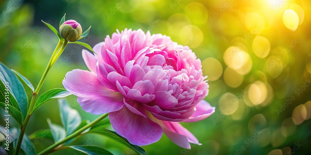 Fototapeta premium Vibrant close-up of a delicate pink peony bloom, soft petals unfolding from lush green leaves, surrounded by a blurry bokeh of warm natural light.