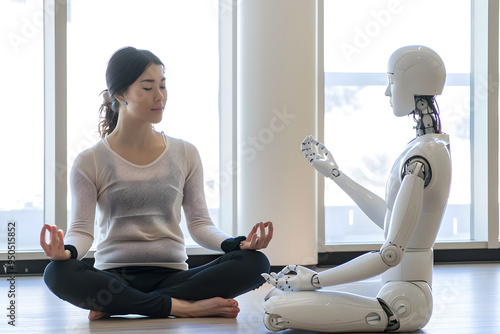 Humanoid Robot Teaching Yoga to Woman, Futuristic Fitness and AI Interaction Concept photo