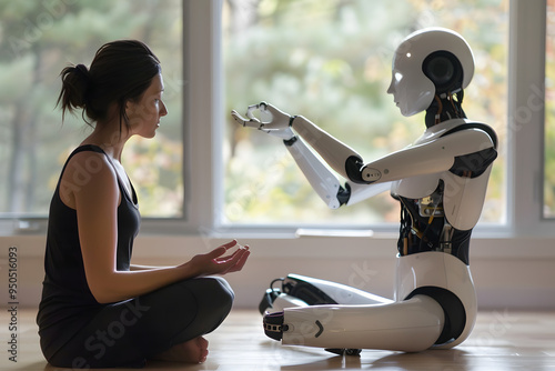 Humanoid Robot Teaching Yoga to Woman, Futuristic Fitness and AI Interaction Concept photo