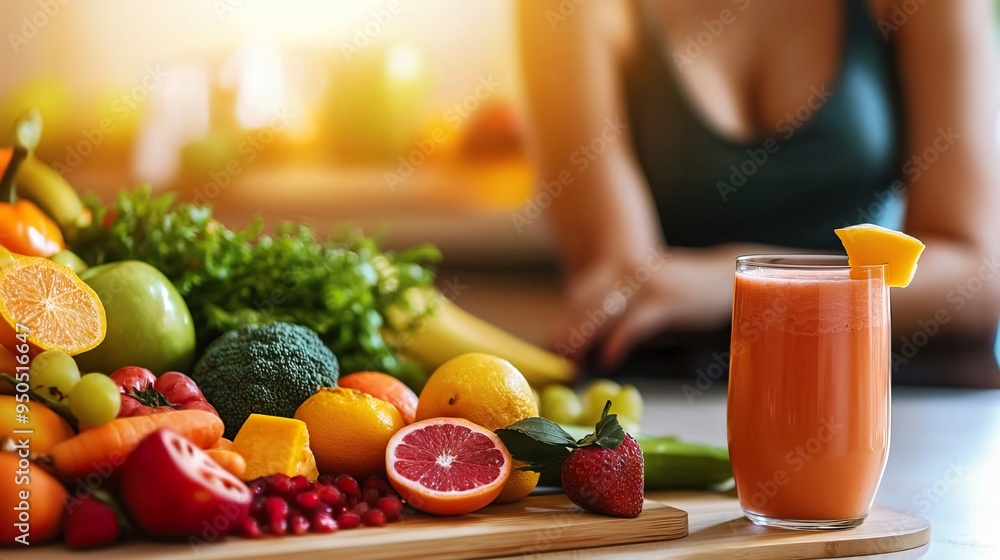 Fresh fruit and a colorful smoothie create a vibrant scene, promoting health and wellness in a bright kitchen setting. Fresh fruit and a colorful smoothie create a vibrant scene, promoting health and wellness in a bright kitchen setting.