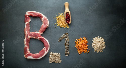 Vitamin B1: Meat and grains composition with colorful legumes and seeds on dark background photo