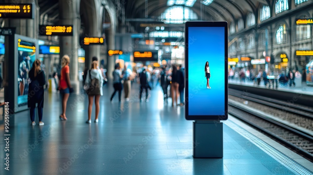 A modern train station featuring a digital display and blurred commuters in the background, capturing urban life and travel. A modern train station featuring a digital display and blurred commuters in the background, capturing urban life and travel.