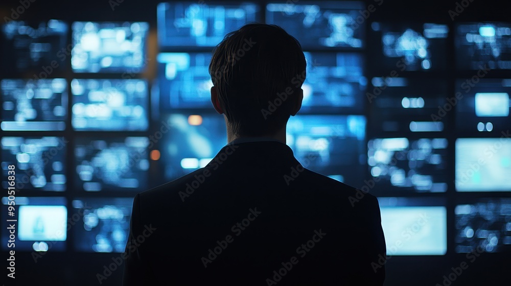Silhouette Figure Observing Multiple Screens in Dark Control Room Silhouette Figure Observing Multiple Screens in Dark Control Room
