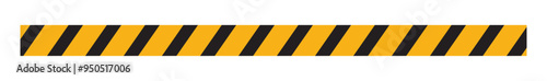 Сrossed police warning tape with yellow and black stripes, stretched caution ribbon.