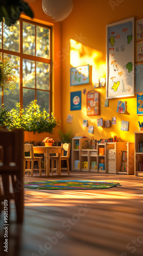 School classroom in blur background without young students. Serene kids scene photo