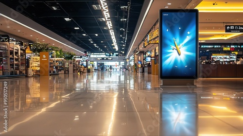 Vibrant airport interior showcasing modern design and advertising display, capturing the essence of travel and commerce.