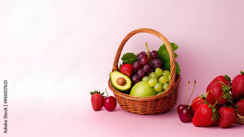 Fresh and vibrant basket filled with assorted fruits, including strawberries, grapes, avocado, and green apples on a pastel background. Fresh and vibrant basket filled with assorted fruits, including strawberries, grapes, avocado, and green apples on a pastel background.