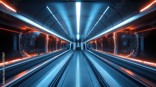 Empty futuristic subway with glowing lights and reflective surfaces, creating a sleek and modern transportation scene.