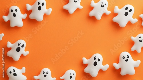 This image shows multiple playful cartoon ghosts with various expressions arranged in a circular fashion on a vibrant orange background, creating a fun and whimsical scene.